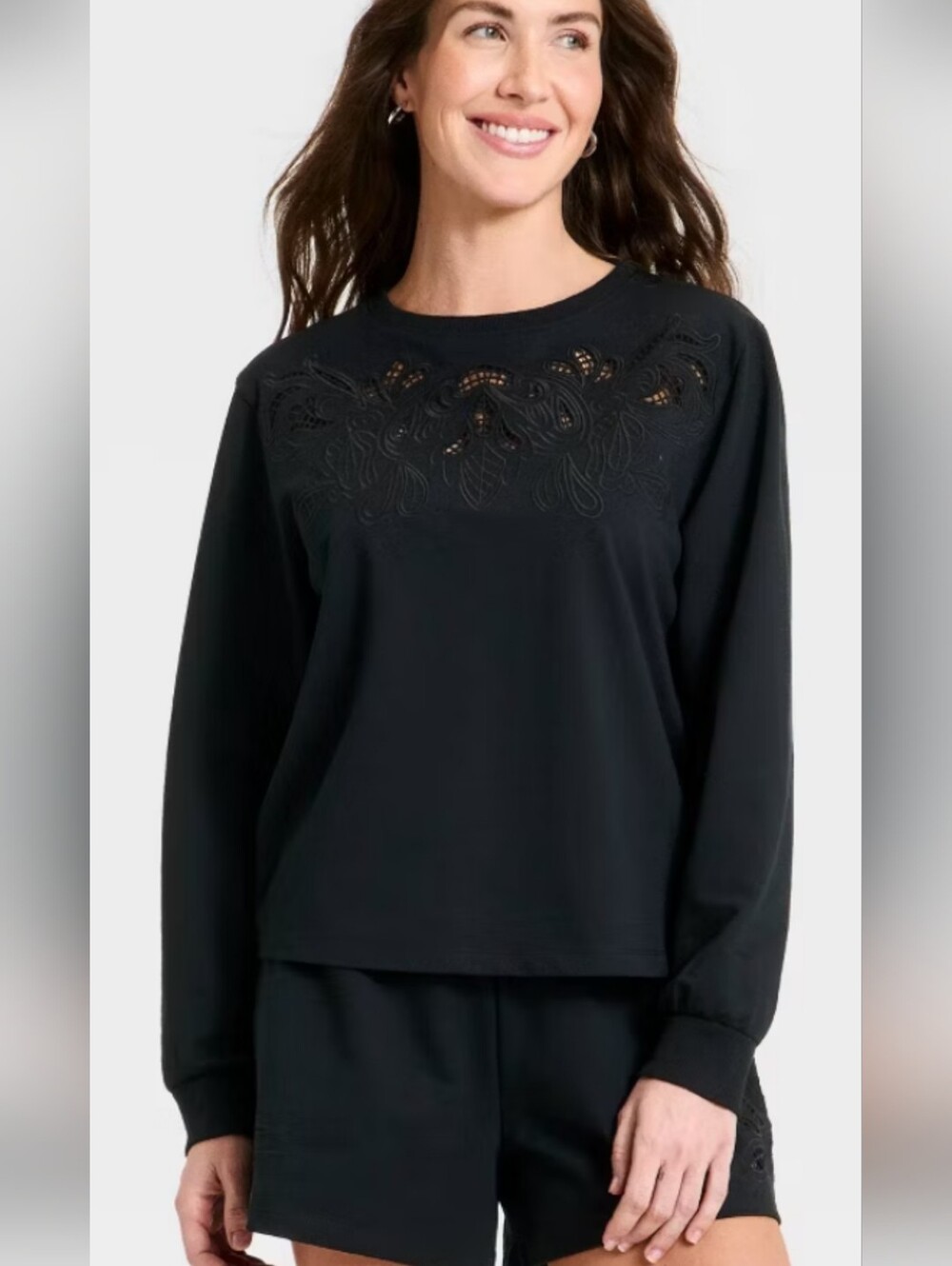 A New Day Black Eyelet Lace Cutout Crewneck Sweatshirt Women's Size XS